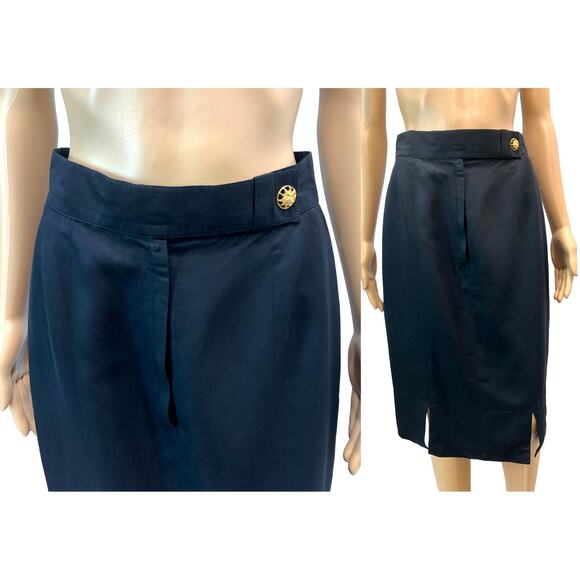 80's Louis Féraud Structured Black Pencil Skirt w Gold Sun Face Button | 28" - Picture 7 of 12
